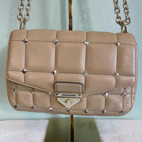 Michael Kors Women's Tan Leather SoHo Chain Quilted Shoulder Crossbody Sling Bag - Picture 5 of 14